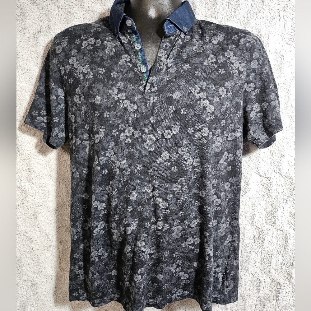 Ted Baker Mens Polo Shirt Black Gray Floral 5 Large - Picture 3 of 9